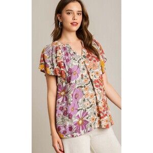 New Umgee M Colorful Tuscan Garden Boho Chic Flutter Sleeve Flowy Tunic Top